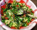 A picture of step 3 of Red ruby tomato & Emerald green pepper, potato salad with Tulsi sparkle.