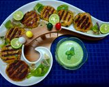 A picture of step 5 of Dahi Chicken Kabab with a Yogurt Mint Coriander Dip.