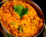 A picture of step 3 of Kathiyawadi Lunch Thali (Dahi Tikhari, Sev Tameta Nu Shak, Dal Bhaat, Fulka Rotli, Chaas, Papad).