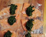 A picture of step 6 of Salmon,aubergine and spinach skewers with red pepper dressing.