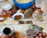 A picture of step 1 of Aloo ki takari, choley ka salan, suji ka halwa and puri.