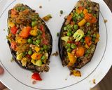 A picture of step 4 of Lentil Picadillo Stuffed Eggplants.