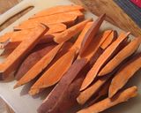 A picture of step 1 of Steak and chips (sweet potato version!).