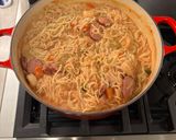 A picture of step 3 of Turkey Sausage, Chicken Shrimp, with Alfredo/Tomato Sauce Pasta.