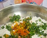A picture of step 1 of Masala thepla with tea and raita marcha.