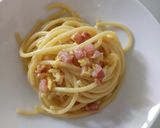 A picture of step 6 of Bucatini Carbonara.