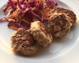 A picture of step 4 of Danish meatballs (Frikadeller) with coleslaw.
