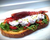 A picture of step 4 of Bruschetta with Mazara Red Shrimp Tartare, Burrata, and Salad Greens.