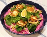 A picture of step 11 of Eggplant with haloumi, beetroot, tzatziki and yogurt flatbreads.