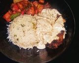 A picture of step 6 of Chicken steak with mushroom sauce with fried rice and fried vegetables.