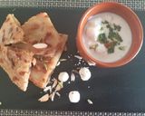 A picture of step 16 of Falahari halwa paratha with makhane ka raita.