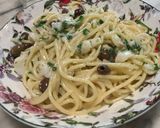 A picture of step 3 of Pan-Fried Spaghetti with Taggiasca Olives and Salted Cod.