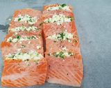 A picture of step 3 of Summer citric salmon with herby feta cheese.