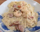 รูปขั้นตอนการทำที่ 6 ของ สปาเก็ตตี้กุ้งไส้กรอกเป็ดซอสครีมเห็ด