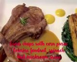 A picture of step 12 of Lamb Cutlets with Corn Puree, Celeriac Fondant, Spinach and Mushroom Sauce.