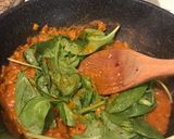 A picture of step 5 of Pasta w butternut squash sauce, sausage and spinach.