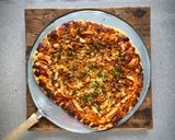 A picture of step 4 of Kimchi pizza.
