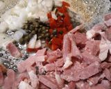 A picture of step 3 of Ham and Eggs with Capers.