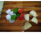 A picture of step 2 of Idli tikka with sambar dip.