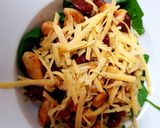 A picture of step 5 of My Chicken, Chorizo pasta dish with melted Gloucstershire cheese.