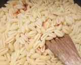 A picture of step 6 of Gnocchetti sardi with black olive and sword fish ragu.