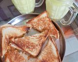 A picture of step 4 of Cheese,potatoes,onion toast sandwich 🍞 with Haldi wala milk.