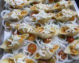 Foto del paso 9 de la receta: Conchas de pasta rellenas en tres tipos ! Cangrejo, vegetales, champiñones y tocino