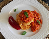 Foto del paso 9 de la receta: Espaguetis con salsa de pimientos asados y soja texturizada
