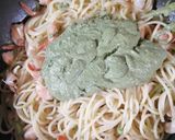 A picture of step 3 of Spaghetti with Zucchini, Basil, Pistachio Pesto, and Shrimp.
