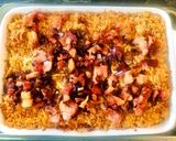 A picture of step 5 of Loaded(Bacon+Red Onions) Crispy Mac and Cheese with Chilli-Soy-Sugarsnaps side.