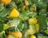 A picture of step 1 of Pui shaaker chochhori (Malabar Spinach with mixed vegetables).
