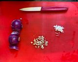 A picture of step 1 of Masoor Chingri Dum or Red lentils with Shrimps.