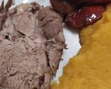 A picture of step 17 of Pork Shoulder with Mustard, Spiced Plums, and Orange Sweet Potato Mash.