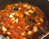 A picture of step 5 of Seared hake. Butterbean, chorizo and olive stew. Purple sprouting broccoli.