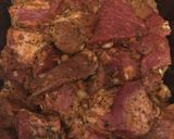 A picture of step 1 of Whiskey pork kebab.