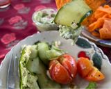 รูปขั้นตอนการทำที่ 3 ของ นาโช่ดิปเพสโต้ผักวอร์เตอเครสและผักย่าง🍅🥬Nacho Chip Dipped with Watercress Pesto and Roasted Veg🫑🍅🧀
