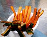 A picture of step 3 of Veg Pasta with Egg and flavoured bacon bits carrot chips + Dip.