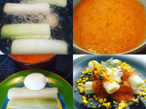 Puerros cocidos con salsa de tomate y huevo cocido
