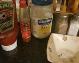 A picture of step 8 of Singaporean curry served with rice, spaghetti and mayo sauce😊.