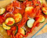 A picture of step 2 of Cod with vegetables in the oven.