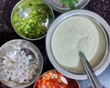 A picture of step 1 of Suji uttapam with sauce.