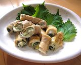 A picture of step 11 of Great in Bentos- Pork Rolls with Umeboshi, Shiso Leaves, and Cheese.