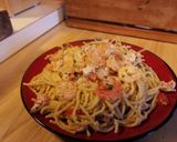 A picture of step 6 of Shrimp Pasta a la Carbonara with Peppers and Mushrooms.
