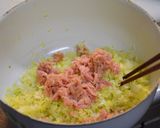 A picture of step 2 of A Springtime Dish: Cabbage and Tuna Stuffed Abura-age Fried Tofu.