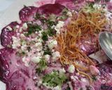 A picture of step 2 of Beetroot carpaccio with goat cheese.