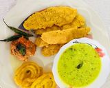 A picture of step 8 of Fafda, jalebi with chutney and salad.