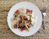A picture of step 8 of North Carolina Trout with Sautéed Oyster Mushrooms and Pecans with Gouda Grits.