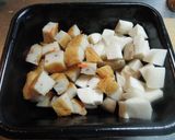 A picture of step 1 of Satsumaage Fish Cakes and King Oyster Mushroom Cubes.