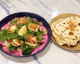 A picture of step 10 of Eggplant with haloumi, beetroot, tzatziki and yogurt flatbreads.