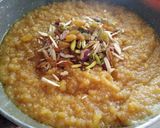 A picture of step 3 of Shahi tukda rabdi with moong dal halwa.